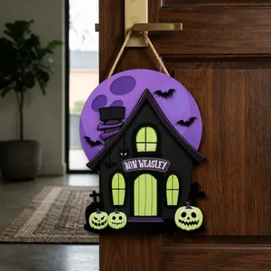 Custom Family Halloween Door Hanger, Personalized Haunted House Name Sign, Witchy Cottage Moon Decor, Pumpkin Bat Spooky Home Gift