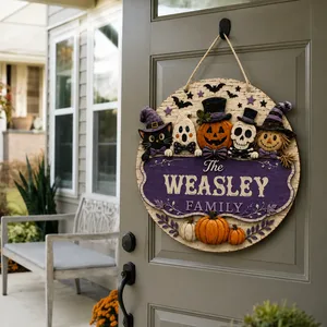 Custom Family Halloween Door Hanger, Personalized Name Pumpkin Sign, Black Cat Ghost Skeleton Witch Decor, Rustic Fall Home Decoration