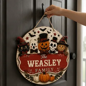 Custom Family Halloween Door Hanger, Personalized Name Pumpkin Sign, Black Cat Ghost Skeleton Witch Decor, Rustic Fall Home Decoration