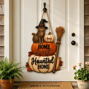 Personalized Cat Halloween Door Sign, Custom Cat Name Pumpkin Door Hanger, Black Cat Witch Hat Decor, Pet Lover Gift, Spooky Home Decoration