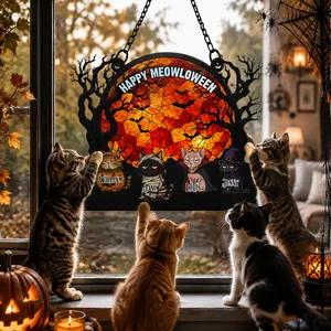 Custom Photo Halloween Themed Pet Happy Meowloween, Personalized Window Hanging Suncatcher, Spooky Cat Lover Decor