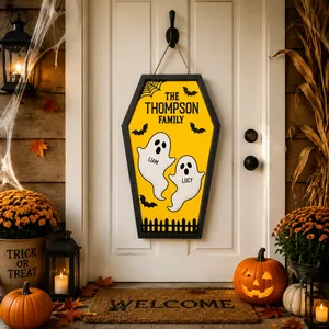 Our Haunted Family Personalized Halloween Sign, Custom Names Ghost Door Decor, Bat Spider Web Plaque, Fun Family Halloween Decoration