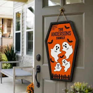 Our Haunted Family Personalized Halloween Sign, Custom Names Ghost Door Decor, Bat Spider Web Plaque, Fun Family Halloween Decoration