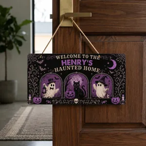 Personalized Halloween Haunted Home Door Sign, Custom Family Name Spooky Mansion Plaque, Ghost Cat Pumpkin Decor, Gothic Front Door Gift