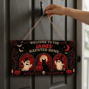 Personalized Halloween Haunted Home Door Sign, Custom Family Name Spooky Mansion Plaque, Ghost Cat Pumpkin Decor, Gothic Front Door Gift