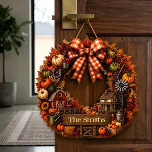Custom Family Name Fall Wreath Sign, Personalized Autumn Door Hanger, Pumpkin Harvest Farmhouse Decor, Cozy Front Door Decoration Gift