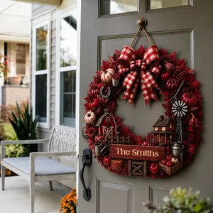 Custom Family Name Fall Wreath Sign, Personalized Autumn Door Hanger, Pumpkin Harvest Farmhouse Decor, Cozy Front Door Decoration Gift