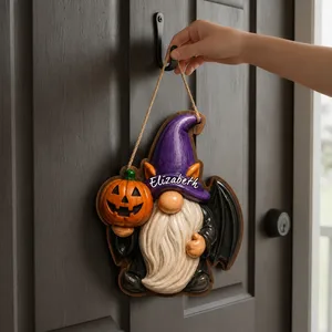 Custom Witch Gnome Door Hanger, Personalized Name Halloween Sign, Cute Pumpkin Gnome Decor, Front Door Bedroom Wall Decoration Gift