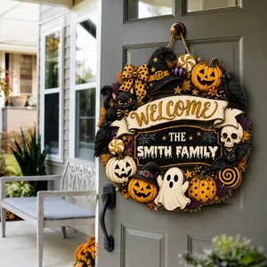 Welcome To The Smith Family Halloween Sign, Personalized Spooky Door Decor, Ghost Cat Pumpkin Witch Plaque, Unique Family Home Decoration