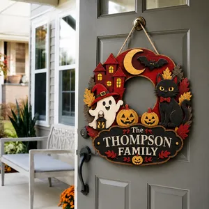 The Thompson Family Haunted Halloween Door Sign, Custom Name Gothic Cat Decor, Ghost Pumpkin Bat Plaque, Family Holiday Gift