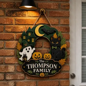 The Thompson Family Haunted Halloween Door Sign, Custom Name Gothic Cat Decor, Ghost Pumpkin Bat Plaque, Family Holiday Gift