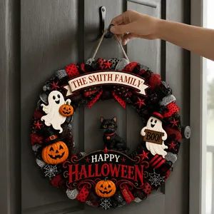 Custom Family Halloween Door Hanger, Personalized Last Name Wreath Sign, Cute Ghost Black Cat Pumpkin Decor, Gothic Fall Home Decoration