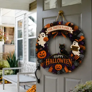 Custom Family Halloween Door Hanger, Personalized Last Name Wreath Sign, Cute Ghost Black Cat Pumpkin Decor, Gothic Fall Home Decoration