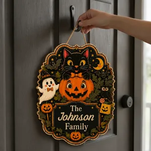 Personalized Black Cat Halloween Sign, Custom Family Name Pumpkin Door Plaque, Cute Ghost Bat Owl Decor, Gothic Fall Home Decoration