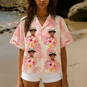 Custom Face Graphic Hawaiian Shirt, Personalized Portrait Resort Shirt, Pink Floral Statement Aloha Shirt, Family Friends Matching Vacation Style