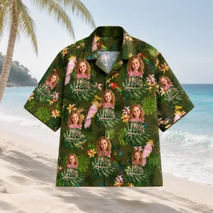 Personalized Custom Photo Hawaiian Shirt Tropical Parrot Monstera Leaf Vacation Gift