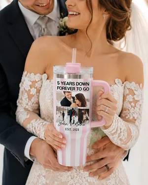 Custom Face Striped Wedding Tumbler 40oz, 5 Years Down Forever To Go, Love Milestone, Anniversary Gift