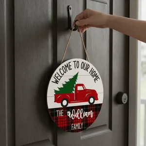 Custom Family Christmas Door Sign, Personalized Red Truck Door Hanger, Last Name Holiday Front Door Decor, Rustic Farmhouse Christmas Gift
