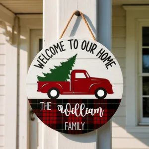 Custom Family Christmas Door Sign, Personalized Red Truck Door Hanger, Last Name Holiday Front Door Decor, Rustic Farmhouse Christmas Gift