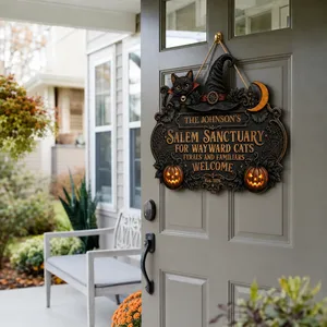 Custom Halloween Door Sign, Personalized Family Name Cat Door Hanger, Witch Hat Haunted House Decor, Gothic Halloween Front Porch Gift
