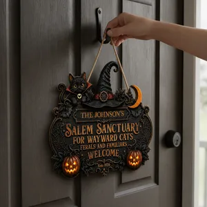 Custom Halloween Door Sign, Personalized Family Name Cat Door Hanger, Witch Hat Haunted House Decor, Gothic Halloween Front Porch Gift