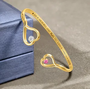 Sisters Will Always Be Connected By Heart - Personalized Gem Heart Cuff Bracelet