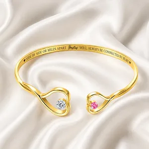 Sisters Will Always Be Connected By Heart - Personalized Gem Heart Cuff Bracelet