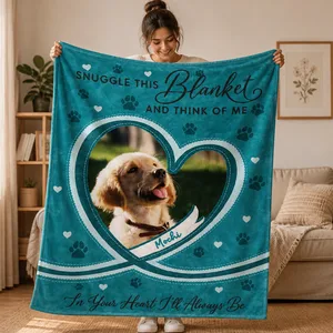 Custom Photo Dog Cat Pet Memorial Snuggle This Blanket And Think Of Me - Personalized Fleece Blanket, Sherpa Blanket