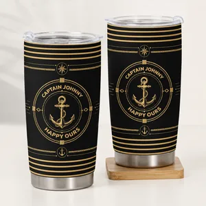 Insulated Travel Tumbler with Custom Captain Name, Navy Stripes Anchor Wheel, Thoughtful Gift for Boat Lovers