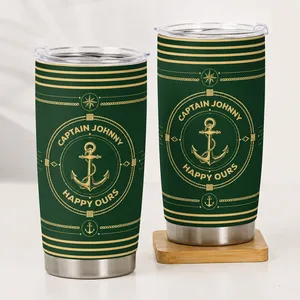 Insulated Travel Tumbler with Custom Captain Name, Navy Stripes Anchor Wheel, Thoughtful Gift for Boat Lovers