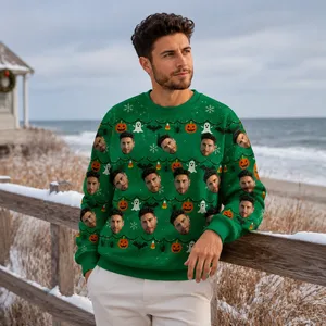 Custom Face Halloween Pullover Sweatshirt Pumpkin Ghost Bat Sweater