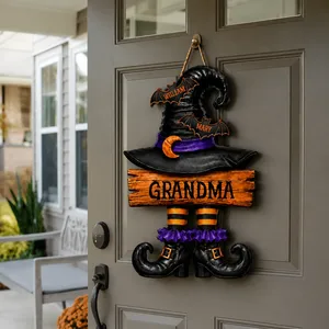 Custom Halloween Door Sign, Personalized Name Witch Hat Door Hanger, Gothic Halloween Front Porch Decor, Family Witch Gift, Spooky Home Sign