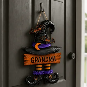 Custom Halloween Door Sign, Personalized Name Witch Hat Door Hanger, Gothic Halloween Front Porch Decor, Family Witch Gift, Spooky Home Sign