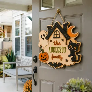 Personalized Halloween Door Sign, Custom Family Name Haunted House Decor, Spooky Cottage Door Hanger, Black Cat Ghost Pumpkin Halloween Gift