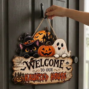 Halloween Family Door Sign Custom Name, Rustic Spooky House Welcome Plaque with Witch Cat Ghost Pumpkin, Fall Porch Decor & Holiday Gift Idea