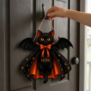 Personalized Black Cat Halloween Door Hanger, Custom Family Name Bat Wing Cat Decoration, Cute Spooky Gothic Halloween Wall Decor, Unique Fall Gift for Cat Lovers