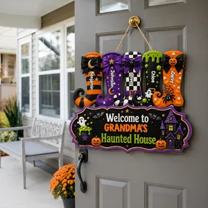 Custom Haunted House Family Door Sign, Personalized Names Halloween Plaque, Witch Boot Pumpkin Decor, Spooky Seasonal Home Gift