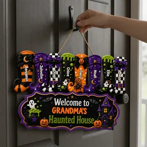 Custom Haunted House Family Door Sign, Personalized Names Halloween Plaque, Witch Boot Pumpkin Decor, Spooky Seasonal Home Gift