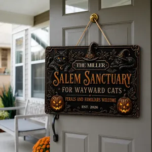 Personalized Salem Cat Sanctuary Sign, Custom Family Name & Est. Year Door Decor, Black Cat Witch Pumpkin Plaque, Unique Halloween Gift