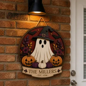 Personalized Ghost Halloween Door Decor, Custom Family Name Est. Year Plaque, Pumpkin & Floral Fall Sign, Charming Spooky Home Gift