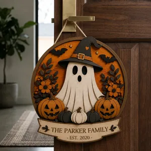 Personalized Ghost Halloween Door Decor, Custom Family Name Est. Year Plaque, Pumpkin & Floral Fall Sign, Charming Spooky Home Gift