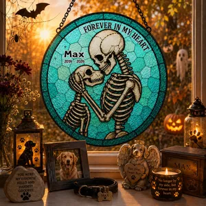 Custom Skeleton Dog Memorial Suncatcher, Personalized Dog Mom Skeleton Stained Glass Suncatcher Window Hanging, Custom Name Gothic Decor, Halloween Memorial Gift
