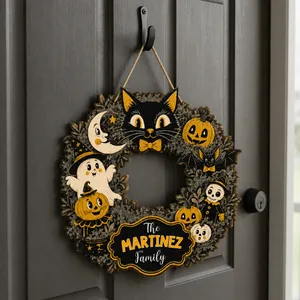 Custom Family Halloween Door Hanger, Personalized Last Name Wreath, Black Cat Witch Ghost Pumpkin Decor, Cute Spooky Home Decoration Gift