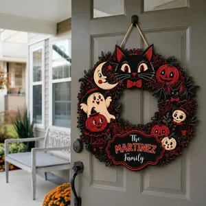 Custom Family Halloween Door Hanger, Personalized Last Name Wreath, Black Cat Witch Ghost Pumpkin Decor, Cute Spooky Home Decoration Gift