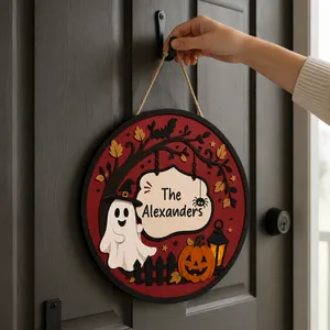 A Little Haunted Home Sign, Custom Family Name Halloween Door Decor, Friendly Ghost Pumpkin House Plaque, Unique Fall Keepsake Gift