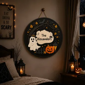 A Little Haunted Home Sign, Custom Family Name Halloween Door Decor, Friendly Ghost Pumpkin House Plaque, Unique Fall Keepsake Gift