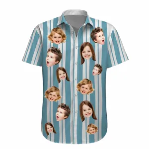 Custom Funny Face Retro Striped Pattern Trendy Summer For Family Matching - Personalized Photo Hawaiian Shirt