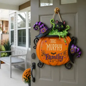 The Family Pumpkin Spell Personalized Door Sign, Custom Family Name Halloween Pumpkin Decor, Black Cat Witch Hat Plaque, Spooky Home Accent