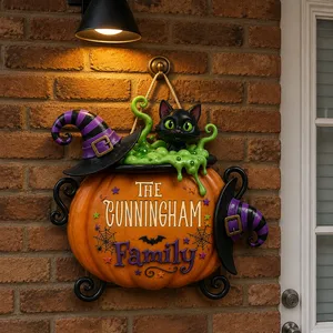 The Family Pumpkin Spell Personalized Door Sign, Custom Family Name Halloween Pumpkin Decor, Black Cat Witch Hat Plaque, Spooky Home Accent