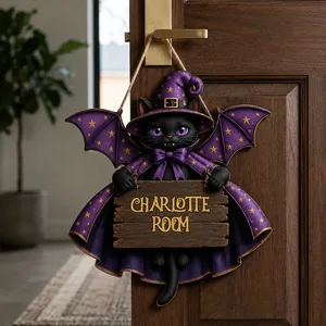 Custom Family Halloween Door Hanger, Personalized Witch Cat Name Sign, Magical Bat Wing Cat Decor, Gothic Halloween Home Decoration